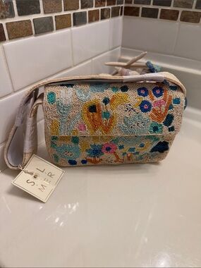 Beaded Floral Crossbody Bag in Cream with Multicolor Embroidery